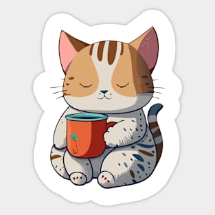 Sleepy Cat Holding a Mug - Coffee Cat Sticker